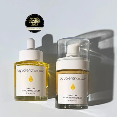 Two By Valenti skincare bakuchiol products with a 'Beauty Award' badge on a light gray background.