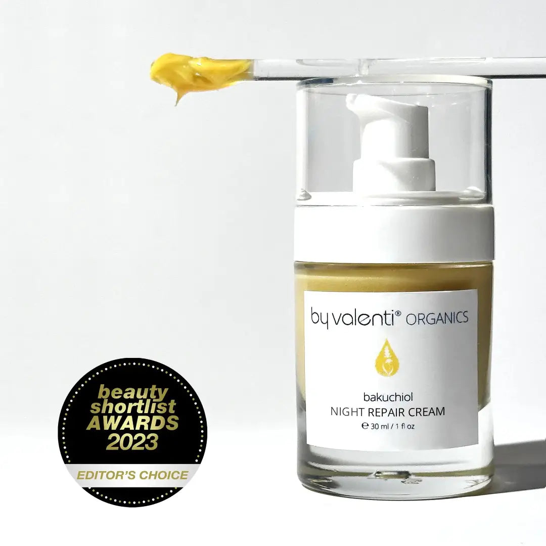 Glass bottle of By Valenti Bakuchiol Night Repair Cream