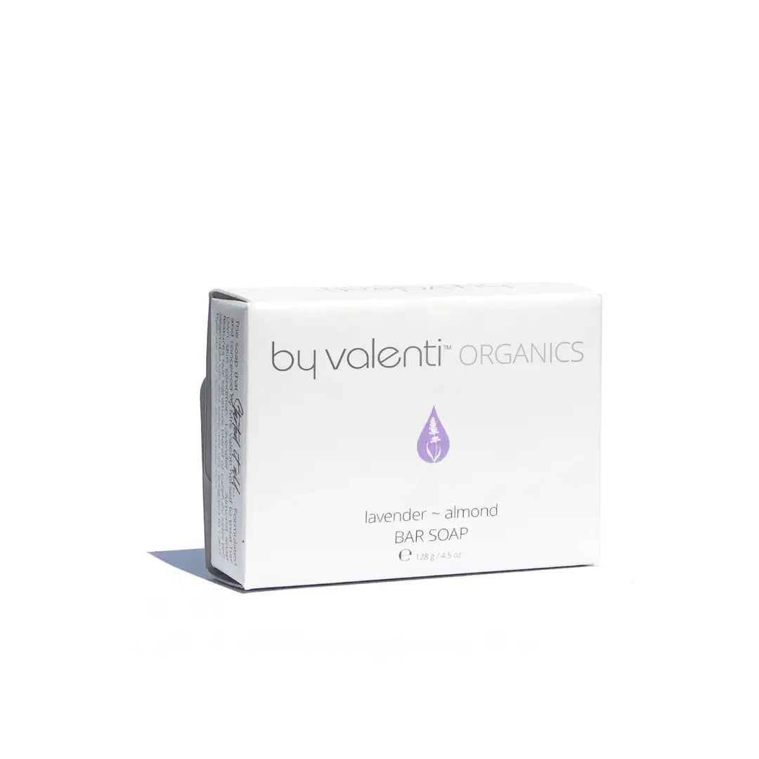 Box of by valenti Organics lavender almond bar soap on a white background
