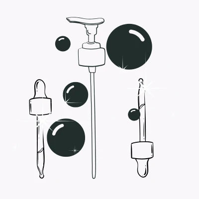 By Valenti illustration of skincare cosmetic toppers including a pump an two droppers on a white background.
